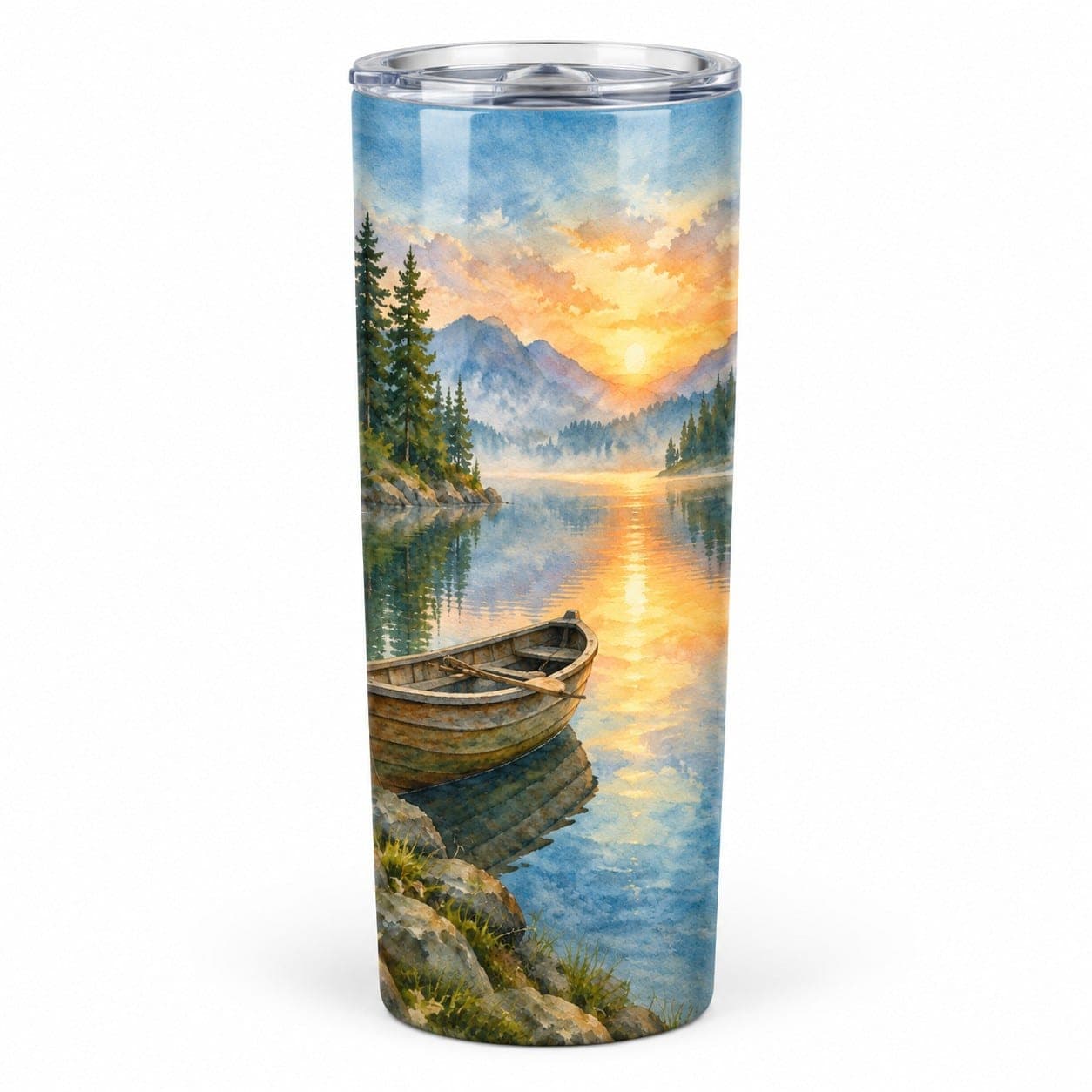 Rowboat at Sunrise Watercolor Tumbler – 20 oz Insulated Lake Lover Gift