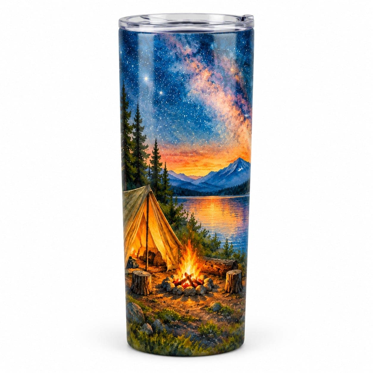Campfire Under the Stars Watercolor Tumbler – 20 oz Insulated Camping Gift