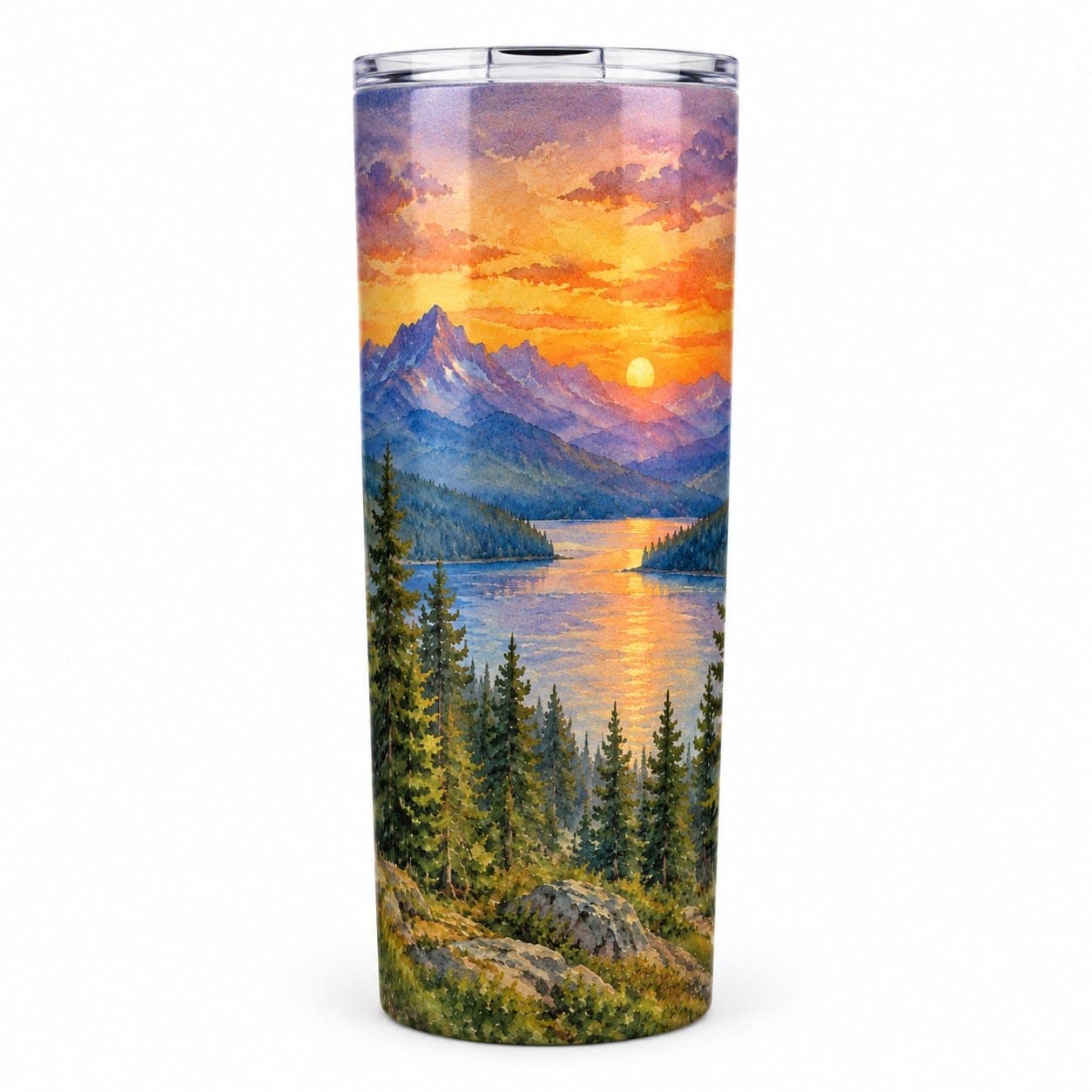 Mountain Sunset Watercolor Tumbler – 20 oz Insulated Hiking & Outdoor Gift