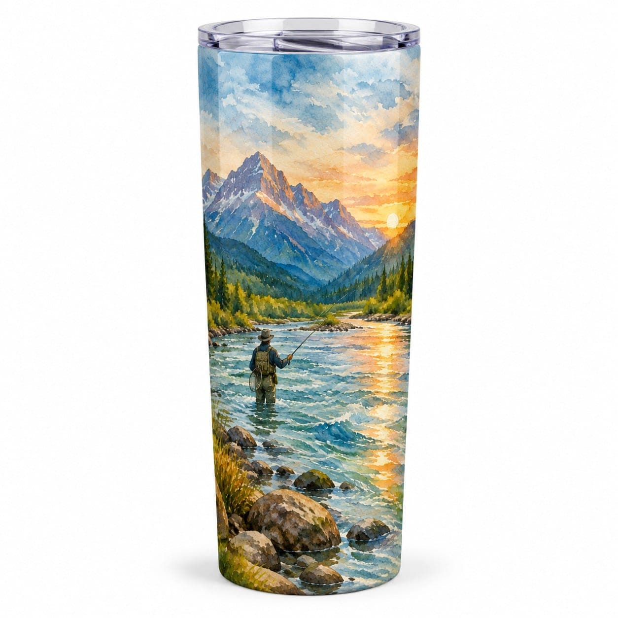 Fly Fisherman in a Mountain Stream Watercolor Tumbler – 20 oz Insulated Angler Gift